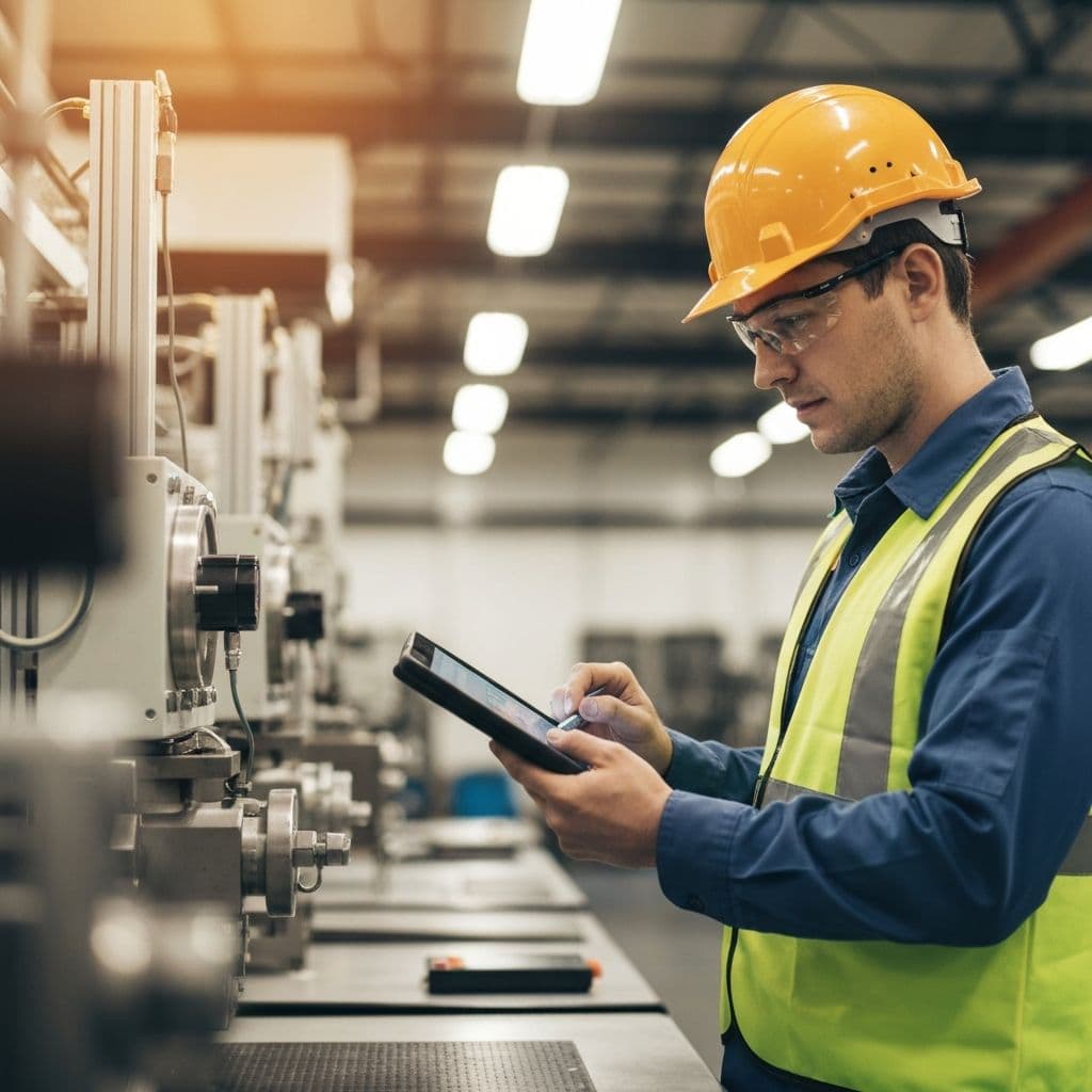 Technician using tablet for equipment diagnostics