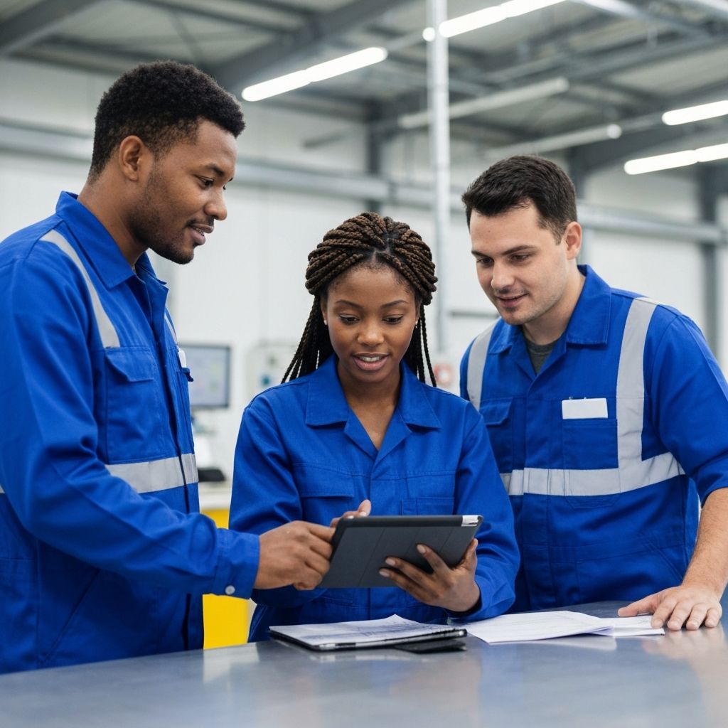 Maintenance team collaborating on tablet